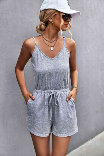 Spaghetti Strap V-Neck Pocket Romper | AdoreStarr