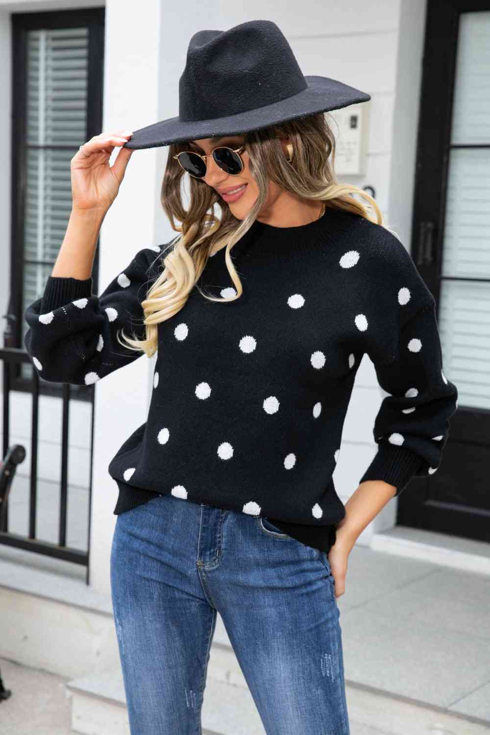 Polka Dot Dropped Shoulder Sweater | AdoreStarr