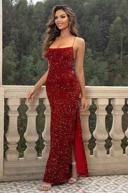 Sequin Backless Split Maxi Dress - Wine