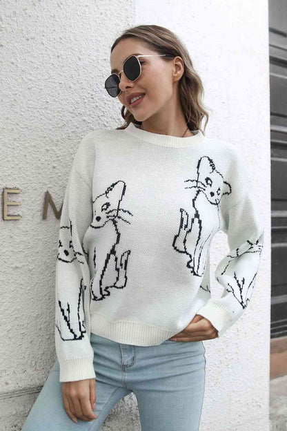 Cat Pattern Round Neck Pullover Sweater | AdoreStarr