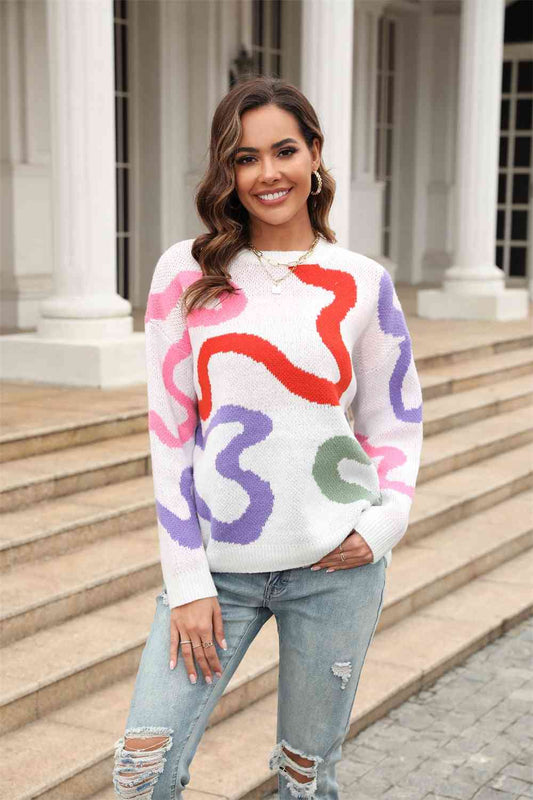 Printed Round Neck Dropped Shoulder Pullover Sweater | AdoreStarr
