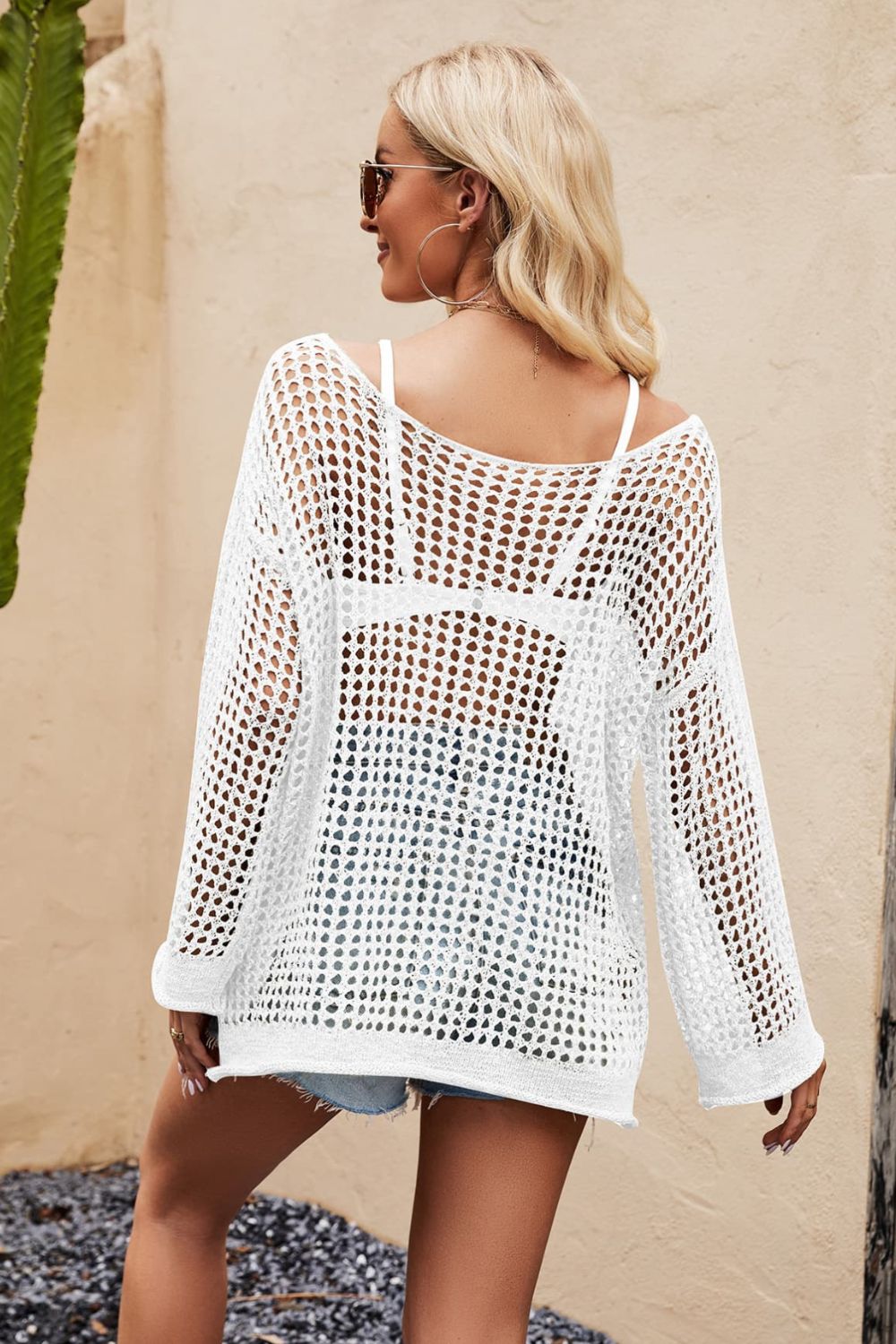 Openwork Round Neck Long Sleeve Cover-Up