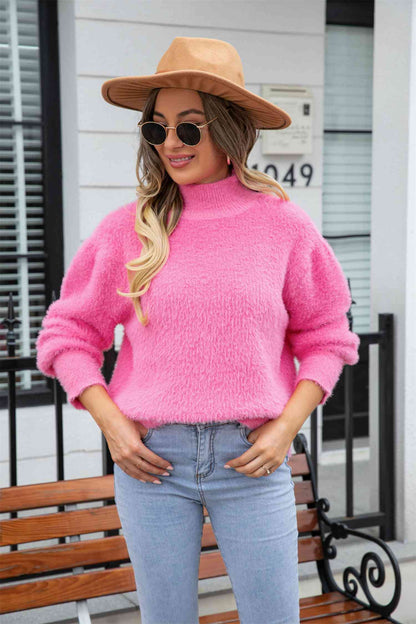 Turtle Neck Long Sleeve Pullover Sweater - Fuchsia Pink