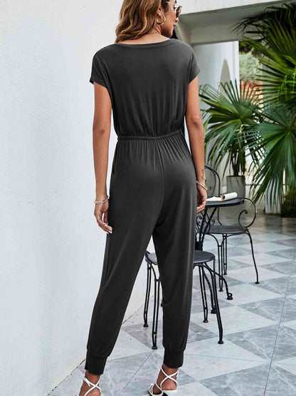 Drawstring Waist Short Sleeve Jogger Jumpsuit | AdoreStarr