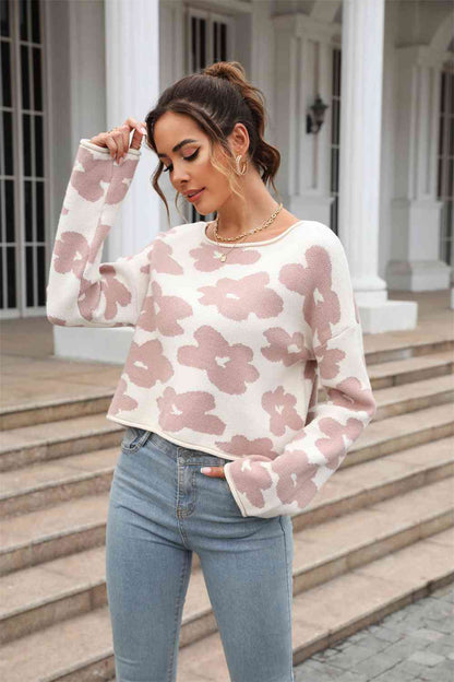 Flower Pattern Dropped Shoulder Pullover Sweater | AdoreStarr