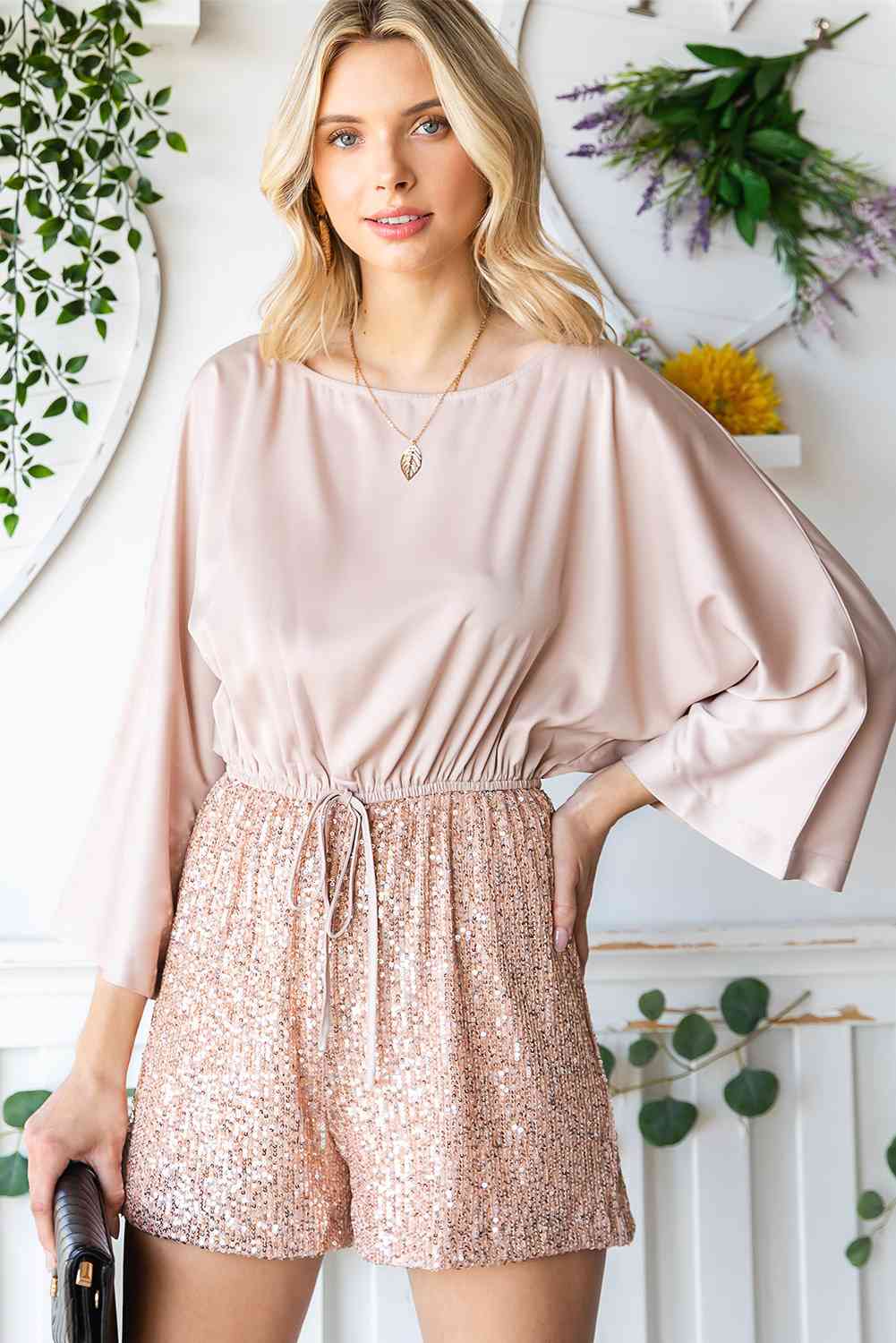 Sequin Drawstring Waist Dolman Sleeve Romper - Sand