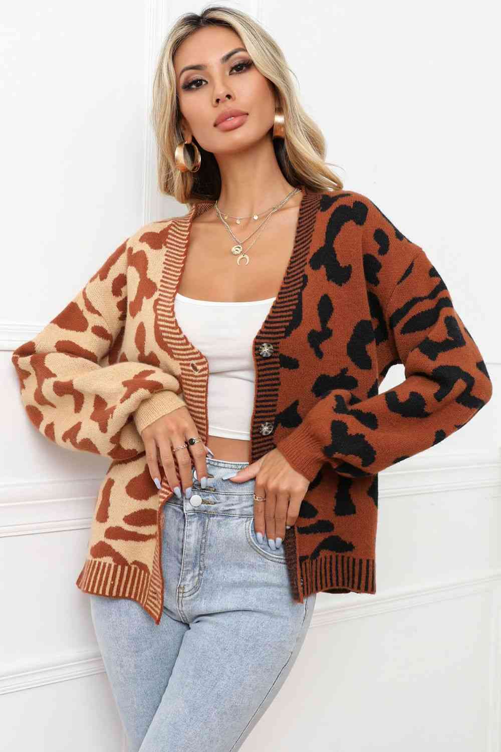 Leopard Button Front Ribbed Trim Cardigan | AdoreStarrLeopard Button Front Ribbed Trim Cardigan | AdoreStarr