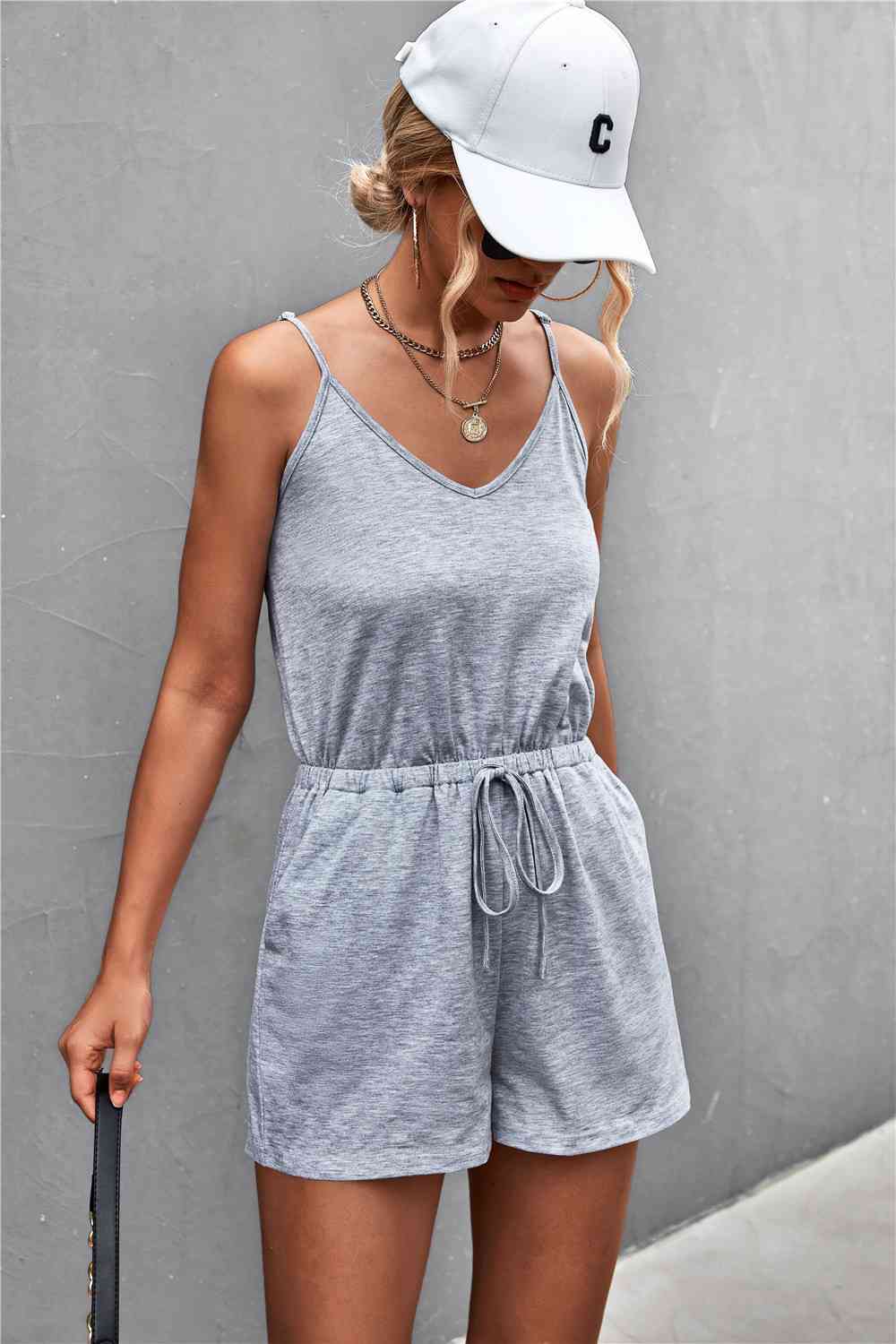 Spaghetti Strap V-Neck Pocket Romper - Gray Dawn