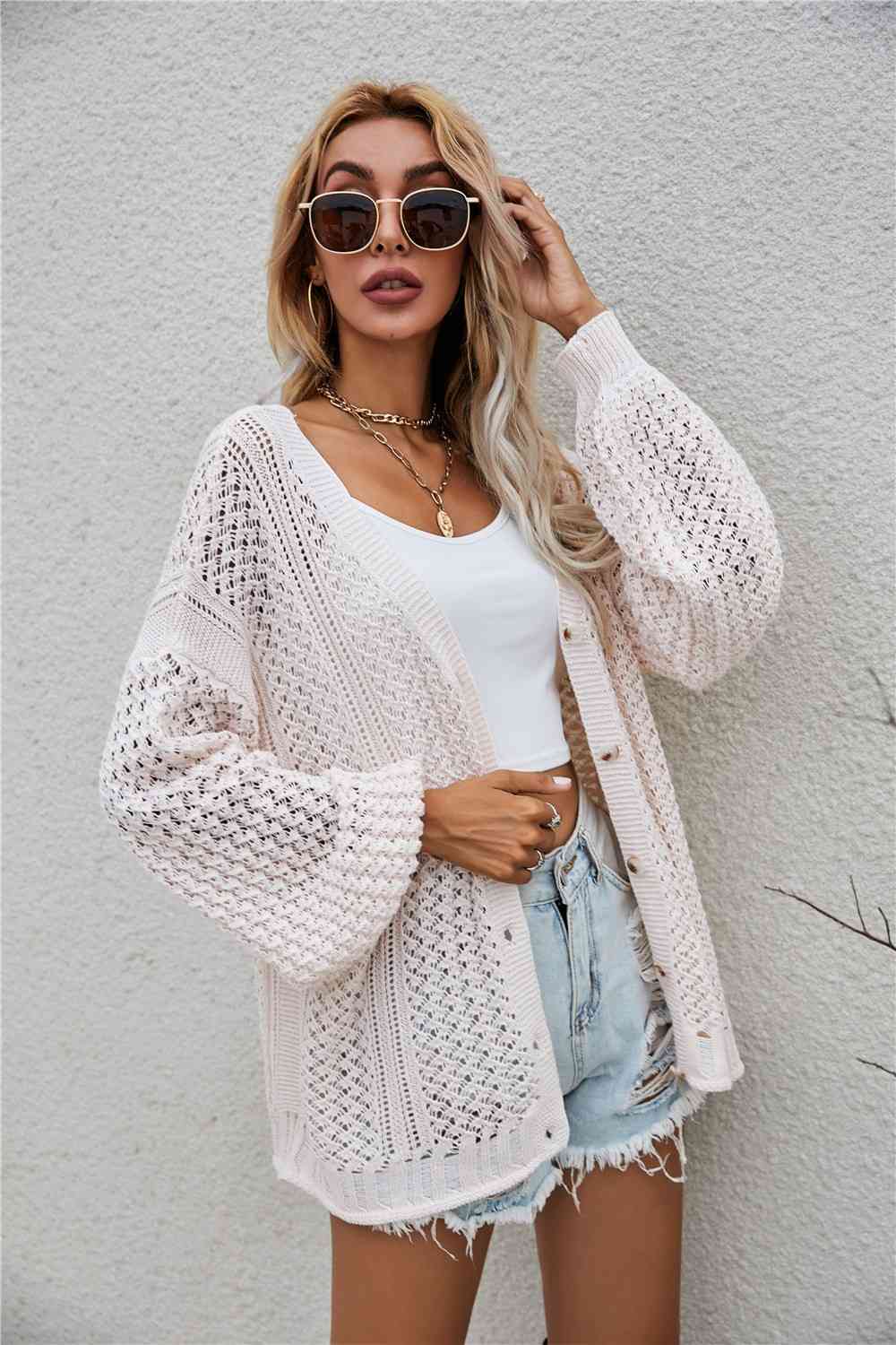 Openwork V-Neck Dropped Shoulder Cardigan | AdoreStarr