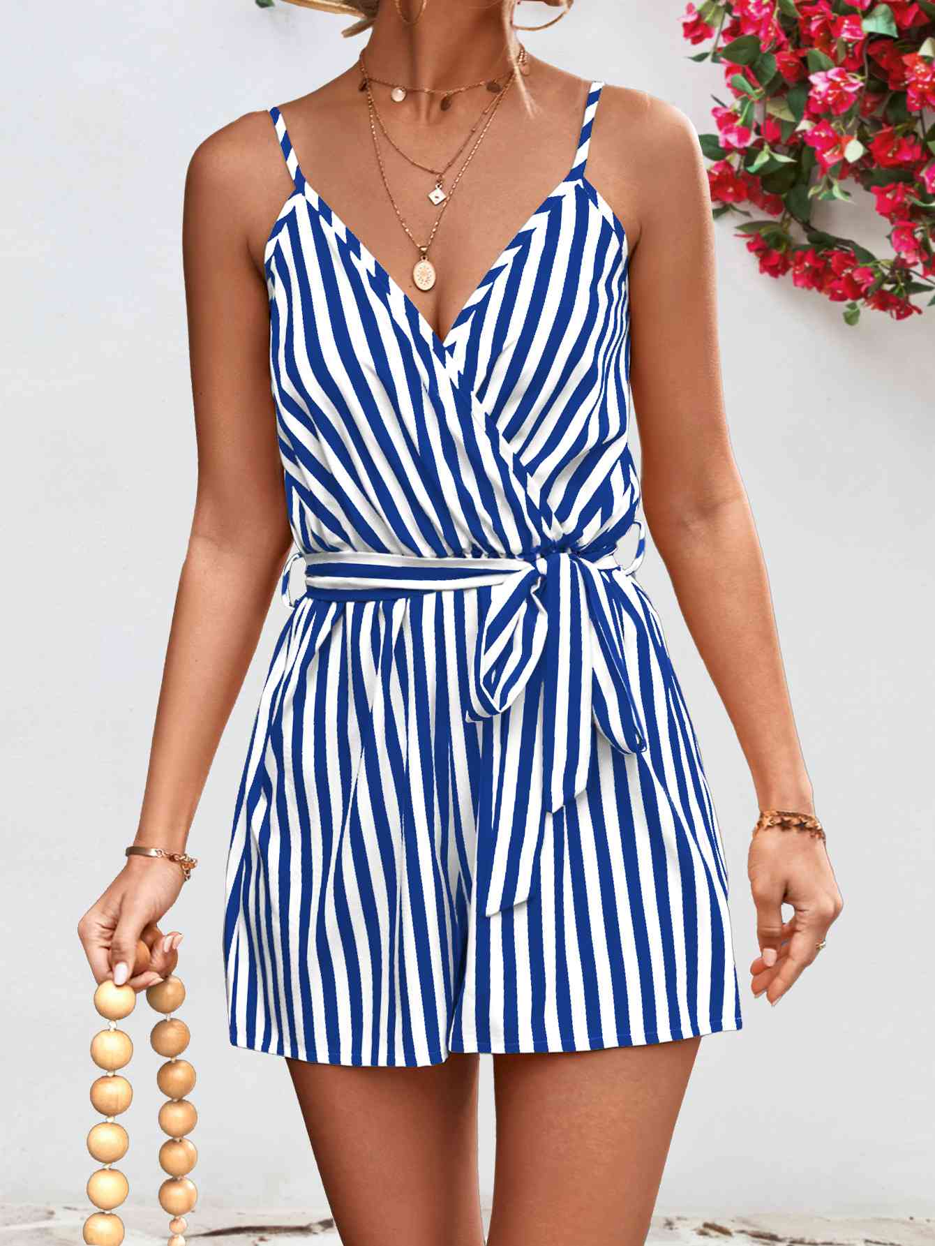 Striped Tie Waist Spaghetti Strap Romper | AdoreStarr