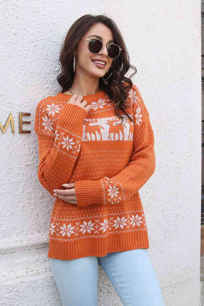 Reindeer & Snowflake Pattern Pullover Sweater | AdoreStarr