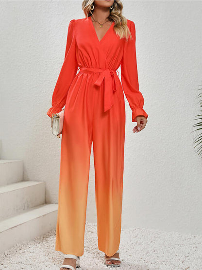 Gradient Tie Front Flounce Sleeve Jumpsuit | AdoreStarr