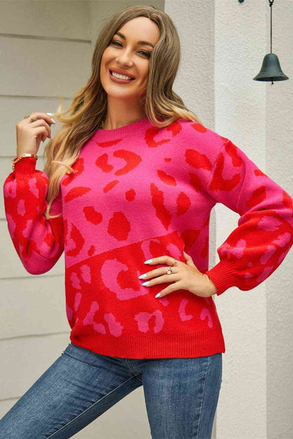 Leopard Round Neck Dropped Shoulder Sweater | AdoreStarr