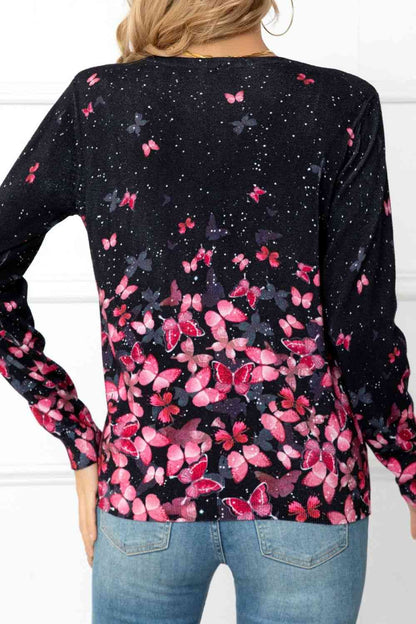 Floral Button Front Round Neck Cardigan | AdoreStarr