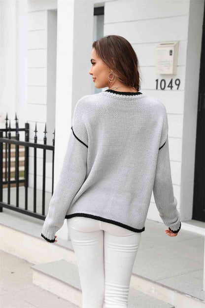 Round Neck Long Sleeve Waffle-Knit Sweater | AdoreStarr