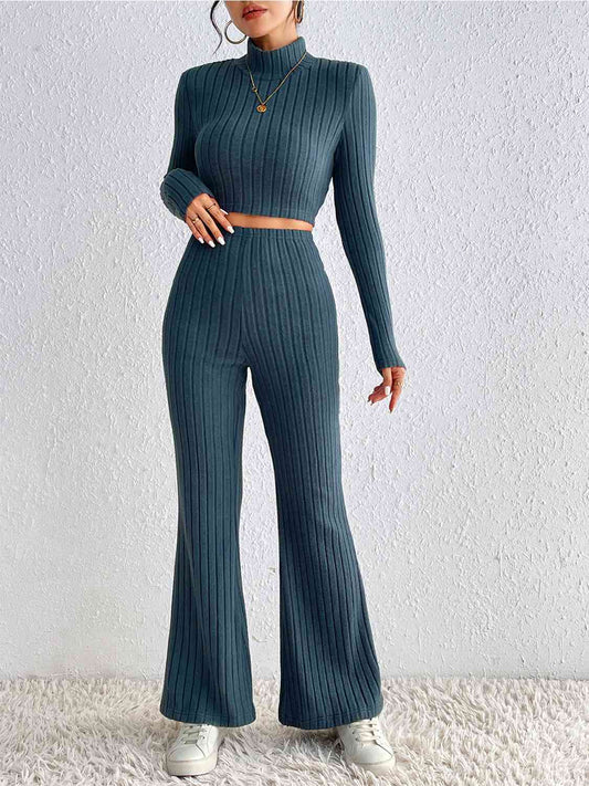Ribbed Cropped Sweater & High Waist Pants Set | AdoreStarr