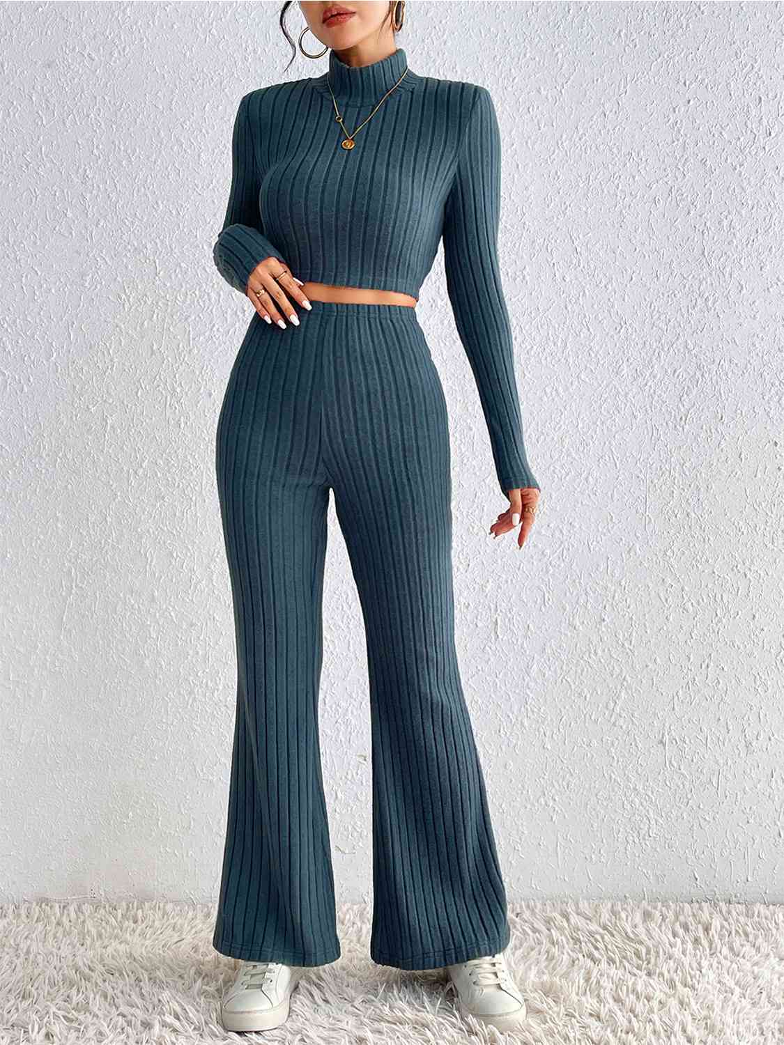 Ribbed Cropped Sweater and High Waist Pants Set - Peacock Blue