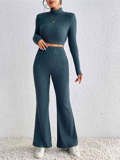 Ribbed Cropped Sweater and High Waist Pants Set - Peacock Blue