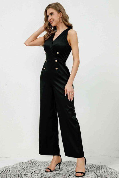 V-Neck Decorative Buttons Jumpsuit | AdoreStarr