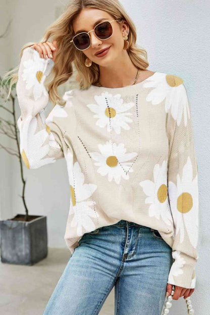 Daisy Print Openwork Round Neck Sweater - Beige