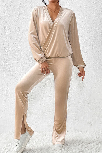 Surplice Long Sleeve Top and Slit Pants Set | AdoreStarr