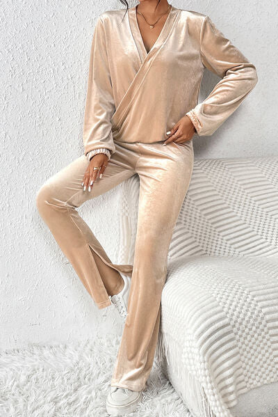 Surplice Long Sleeve Top and Slit Pants Set | AdoreStarr