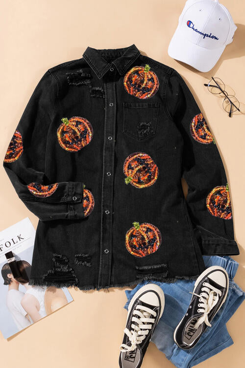 Sequin Patch Pumpkin Raw Hem Jacket | AdoreStarr