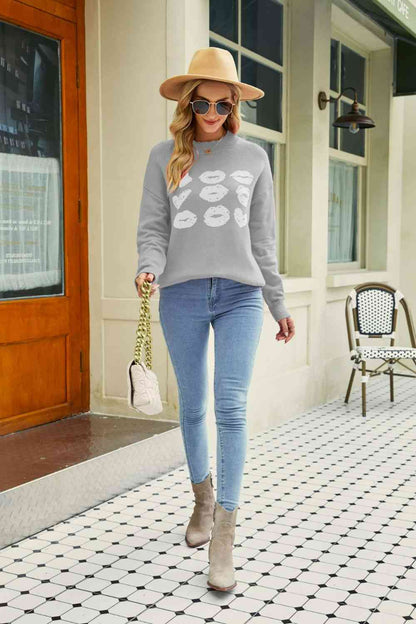 Lip Graphic Slit Dropped Shoulder Sweater - Gray