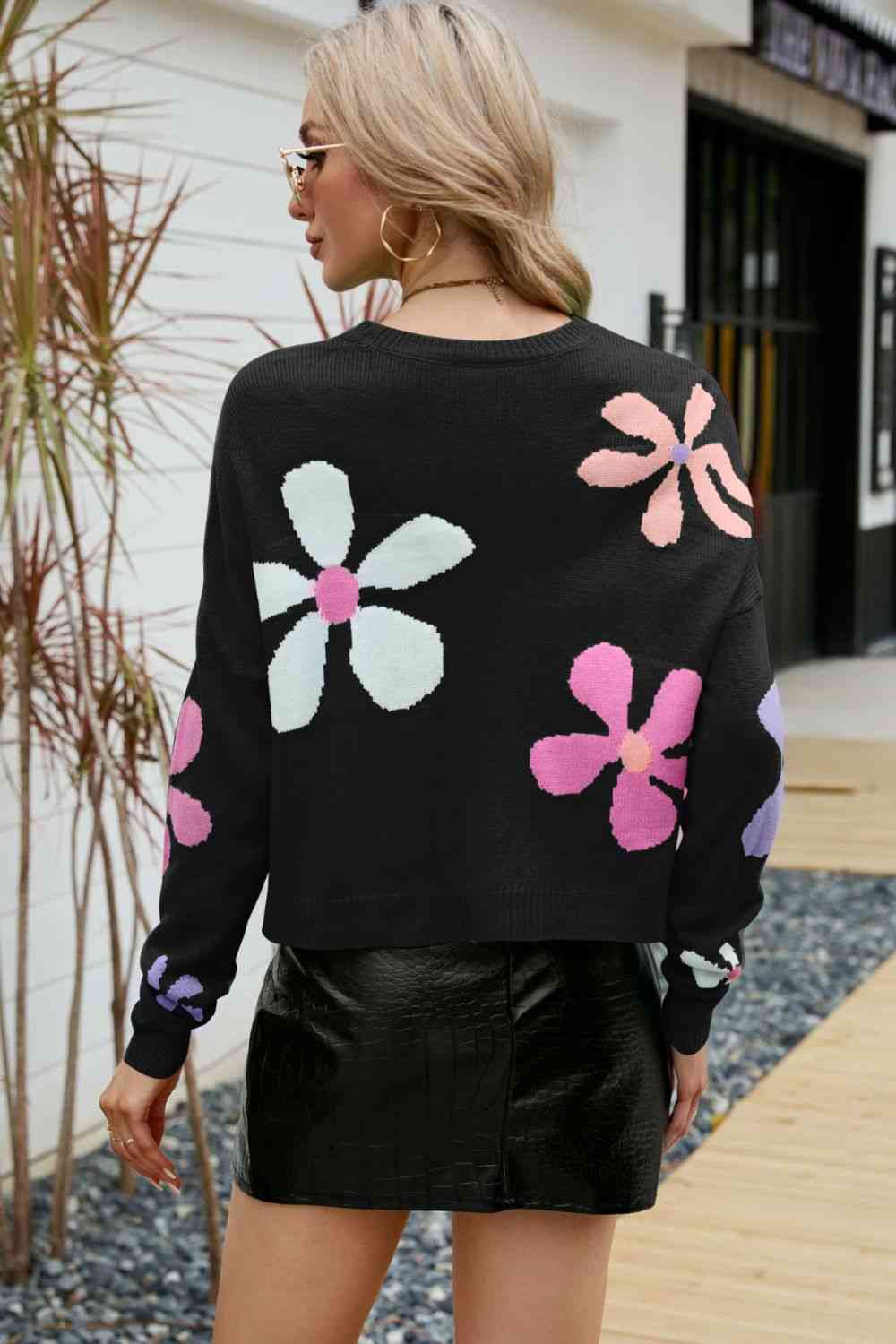 Floral Dropped Shoulder Ribbed Trim Sweater | AdoreStarr