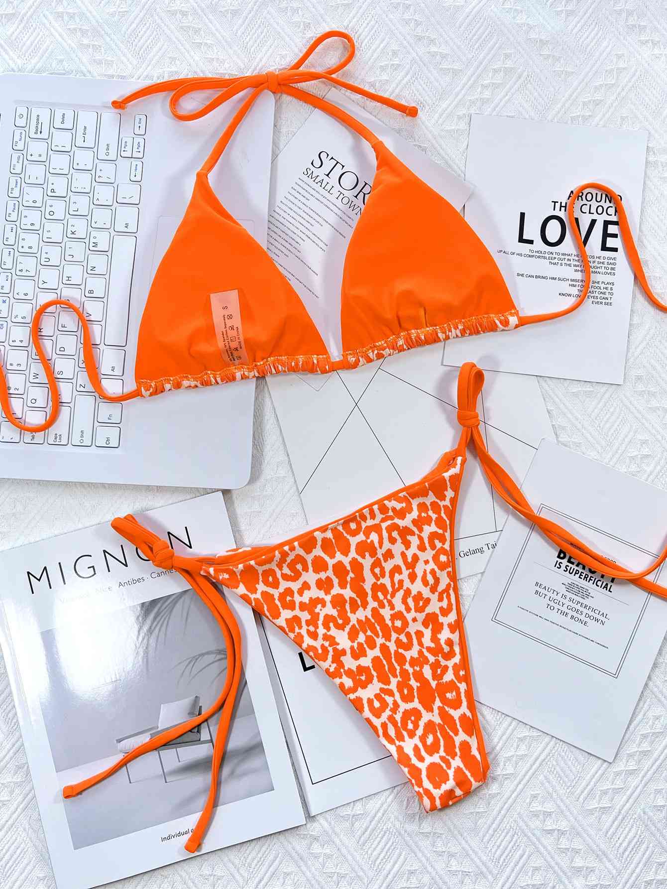 Leopard Print Tie Side Bikini Set - Tangerine