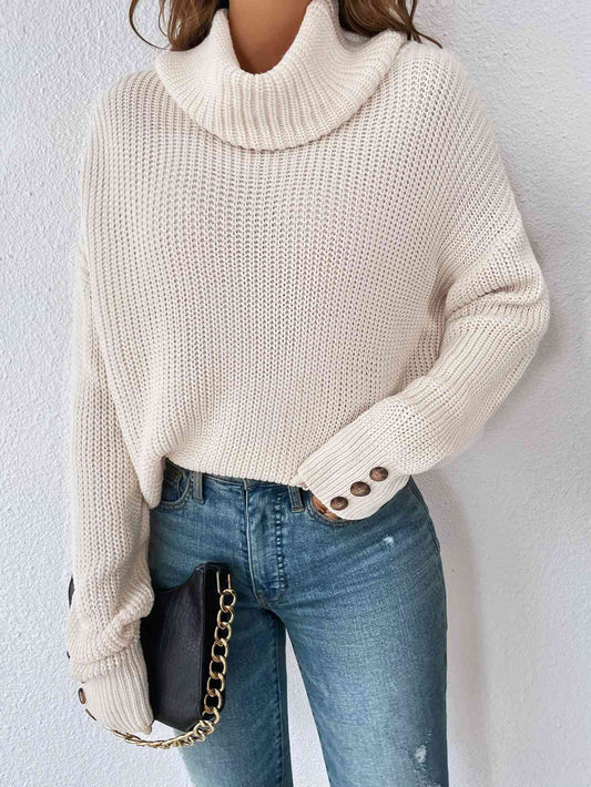 Decorative Button Turtleneck Dropped Shoulder Sweater | AdoreStarr