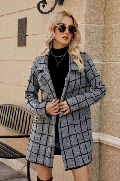 Printed Open Front Lapel Collar Cardigan - Gray