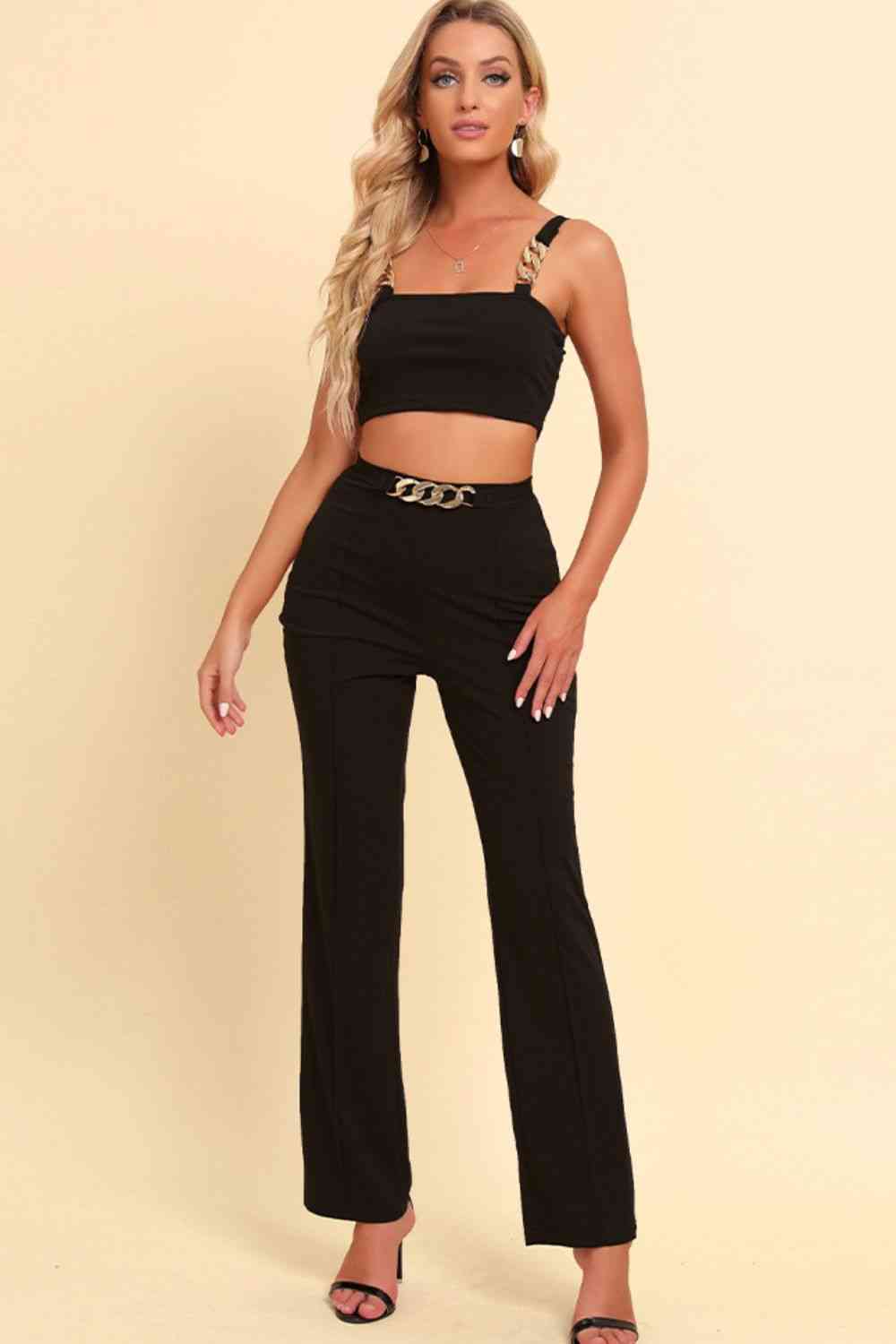 Chain Detail Cropped Cami and Straight Leg Pants Set - Black