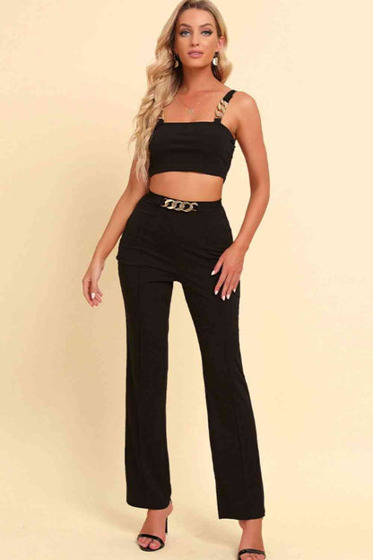 Chain Detail Cropped Cami and Straight Leg Pants Set - Black