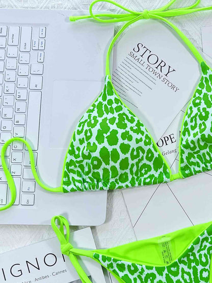 Leopard Print Tie Side Bikini Set - Mint Green