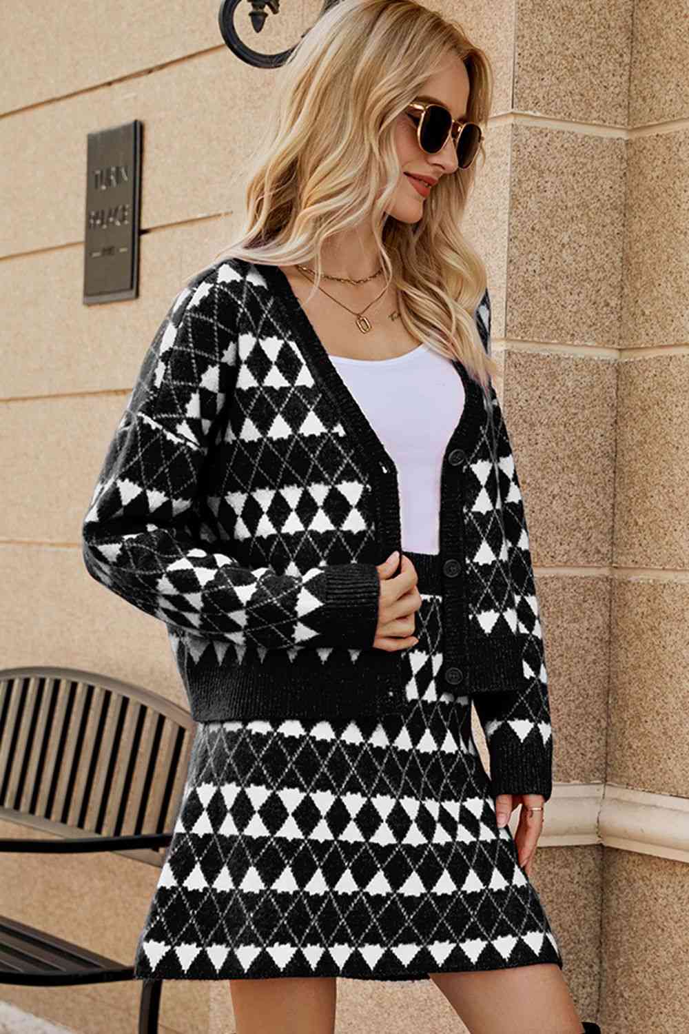 Geometric Dropped Shoulder Cardigan and Knit Skirt Set | AdoreStarr