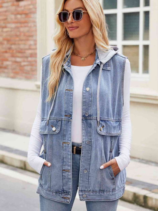 Drawstring Hooded Sleeveless Denim Jacket | AdoreStarr