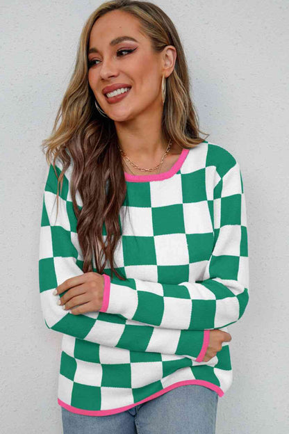 Checkered Round Neck Sweater | AdoreStarr