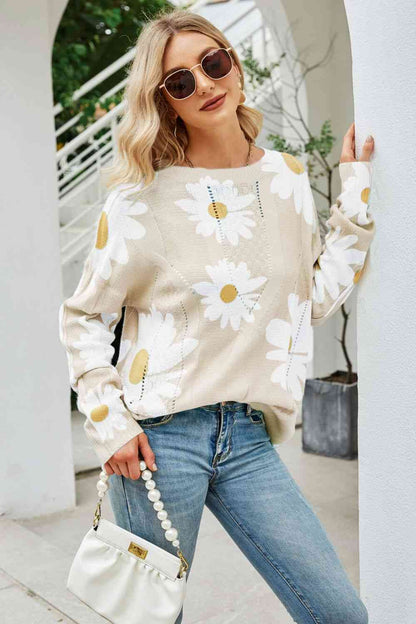 Daisy Print Openwork Round Neck Sweater | AdoreStarr