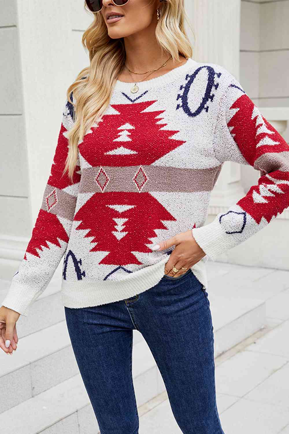 Printed Round Neck Long Sleeve Sweater | AdoreStarr