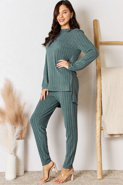 Ribbed High-Low Slit Top and Pants Set | AdoreStarr