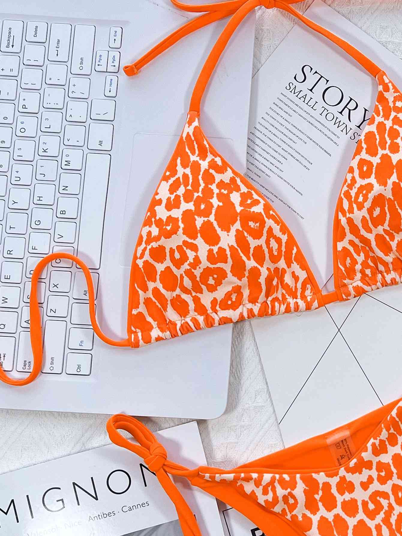 Leopard Print Tie Side Bikini Set - Tangerine