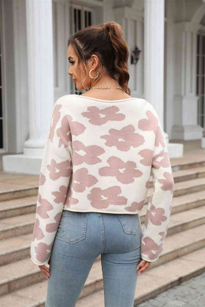 Flower Pattern Dropped Shoulder Pullover Sweater | AdoreStarr