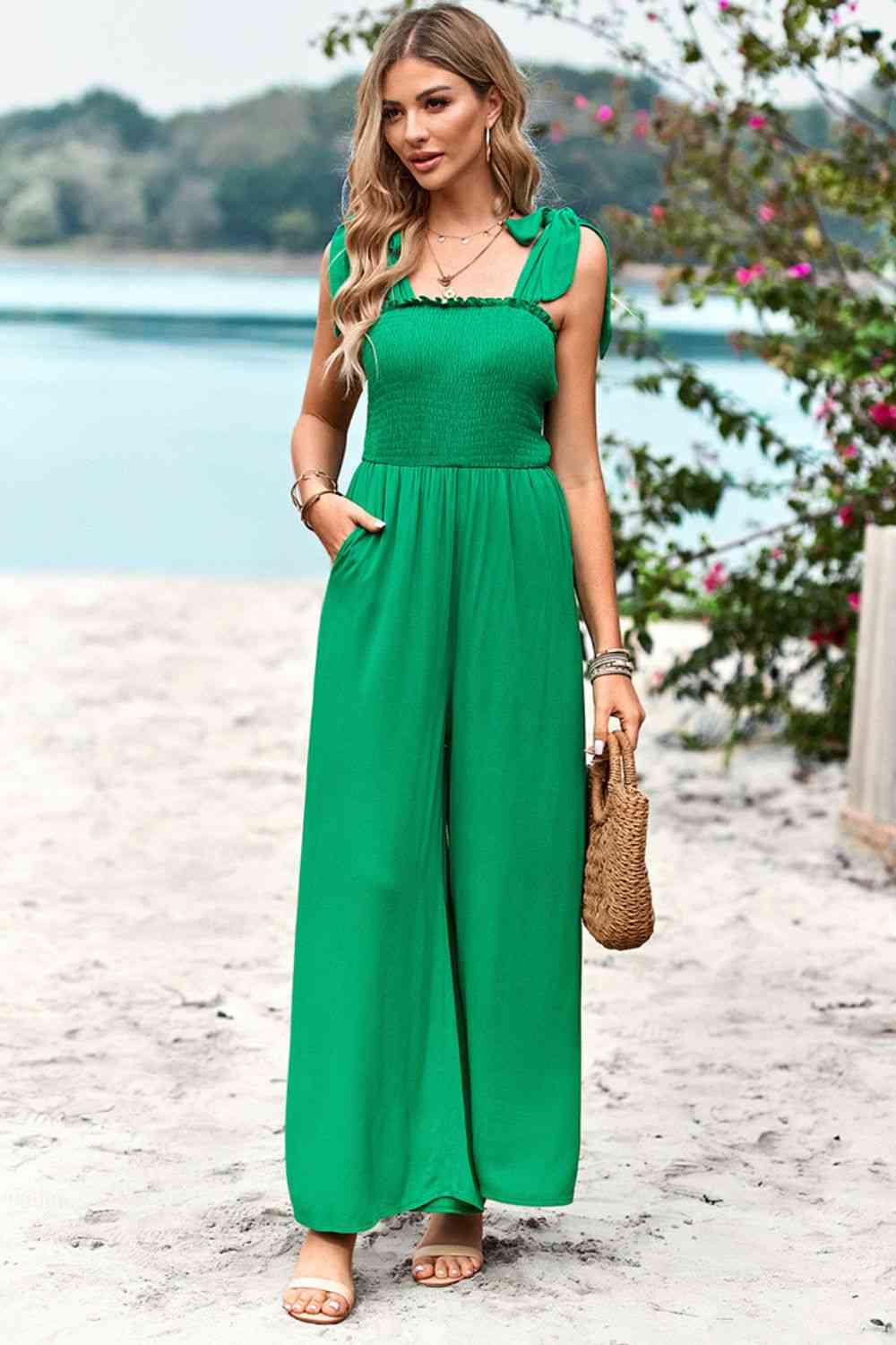 Frill Trim Tie Shoulder Wide Leg Jumpsuit