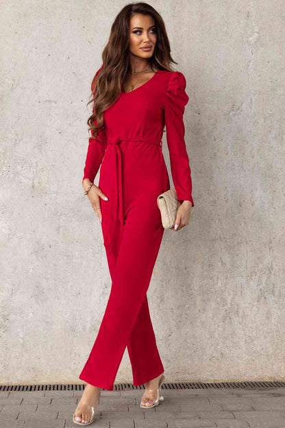 Belted Long Puff Sleeve V-Neck Jumpsuit | AdoreStarr