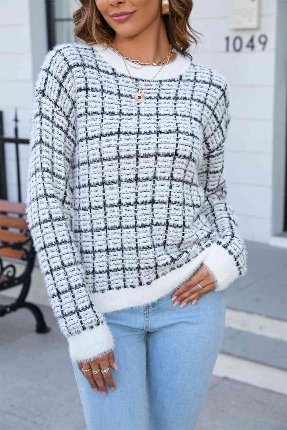 Plaid Round Neck Pullover Sweater | AdoreStarr