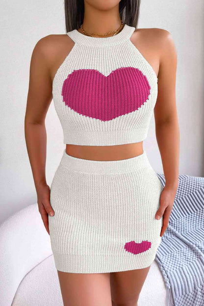 Heart Contrast Ribbed Sleeveless Knit Top and Skirt Set | AdoreStarr