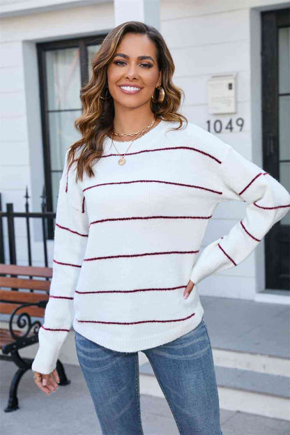 Striped Round Neck Long Sleeve Sweater | AdoreStarr