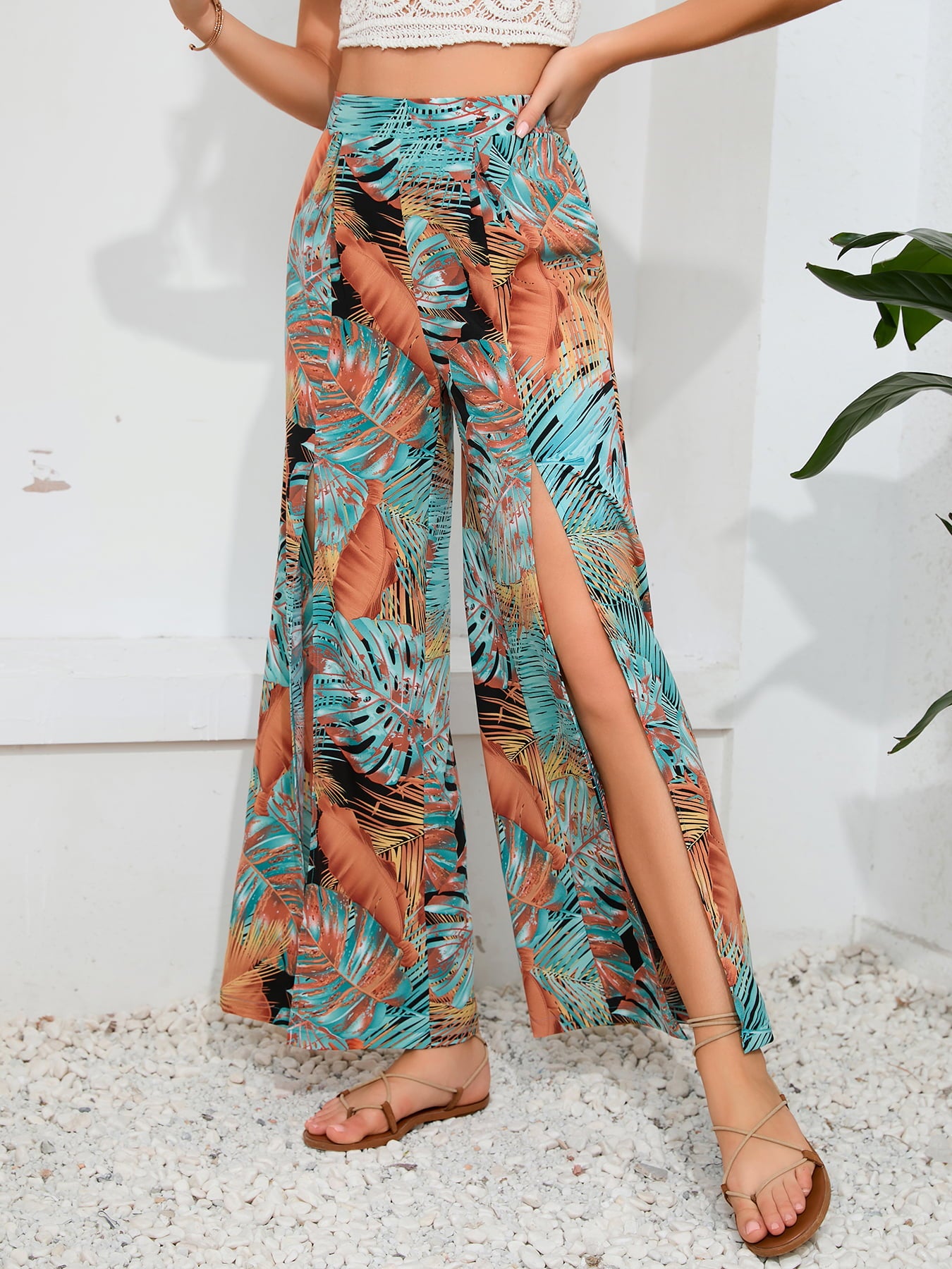 Printed Split Wide Leg Long Pants | AdoreStarr