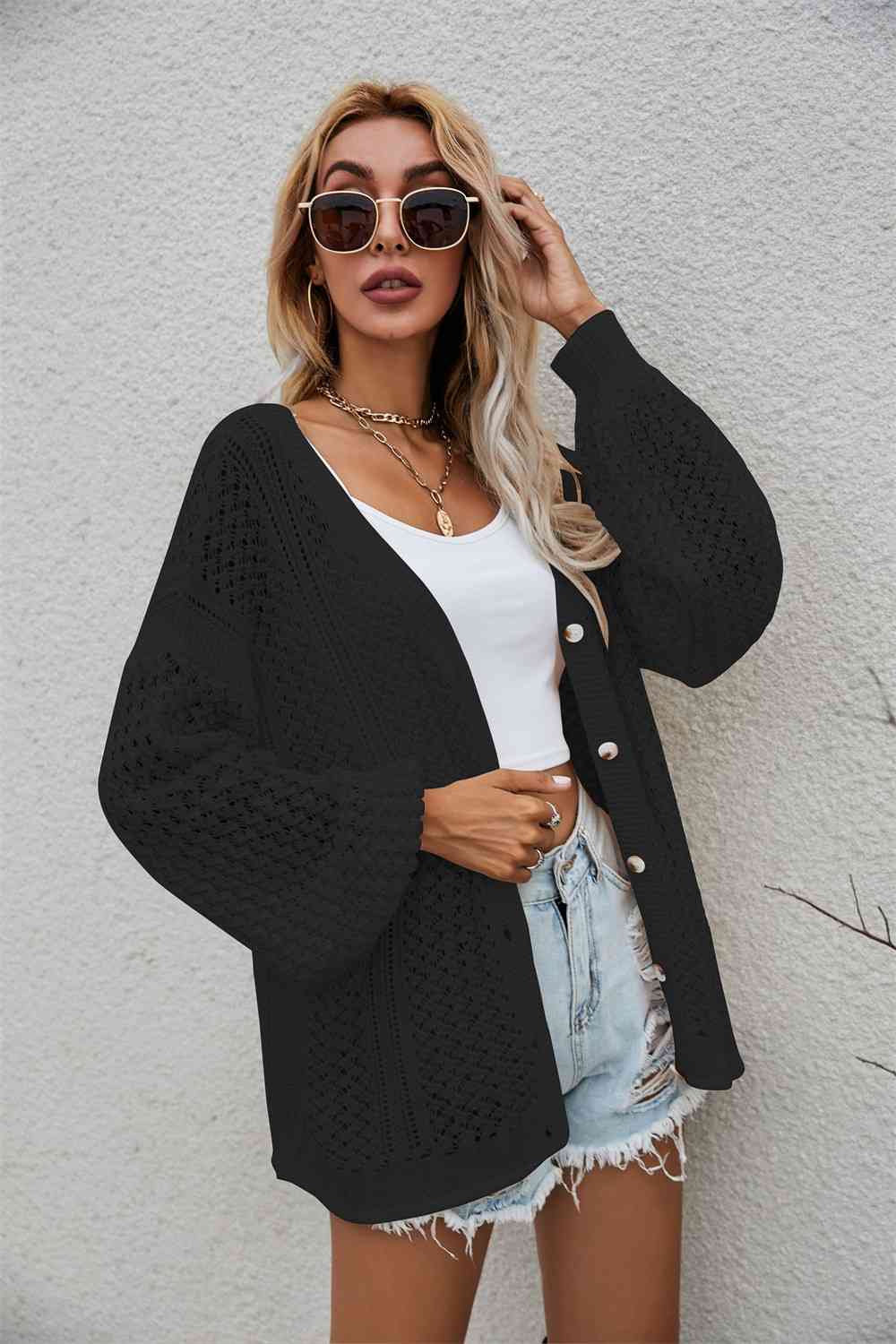 Openwork V-Neck Dropped Shoulder Cardigan | AdoreStarr